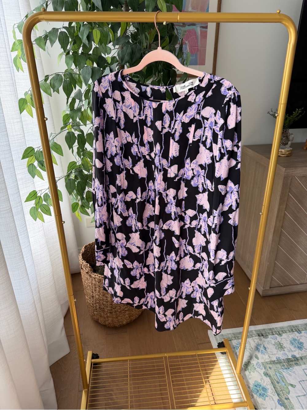 DVF Black Floral Dress with Lilac and Light Pink Flowers